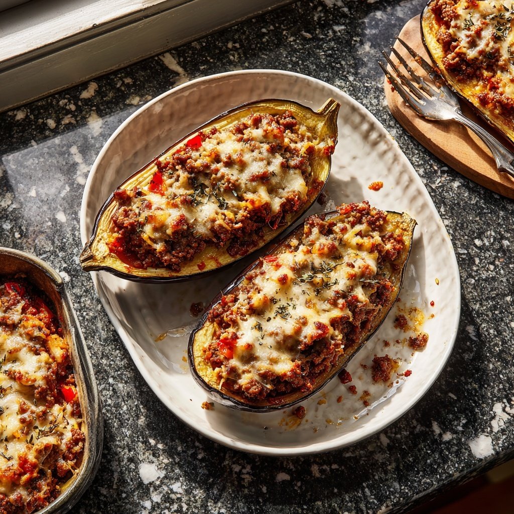 Ground Beef And Rice Stuffed Eggplant